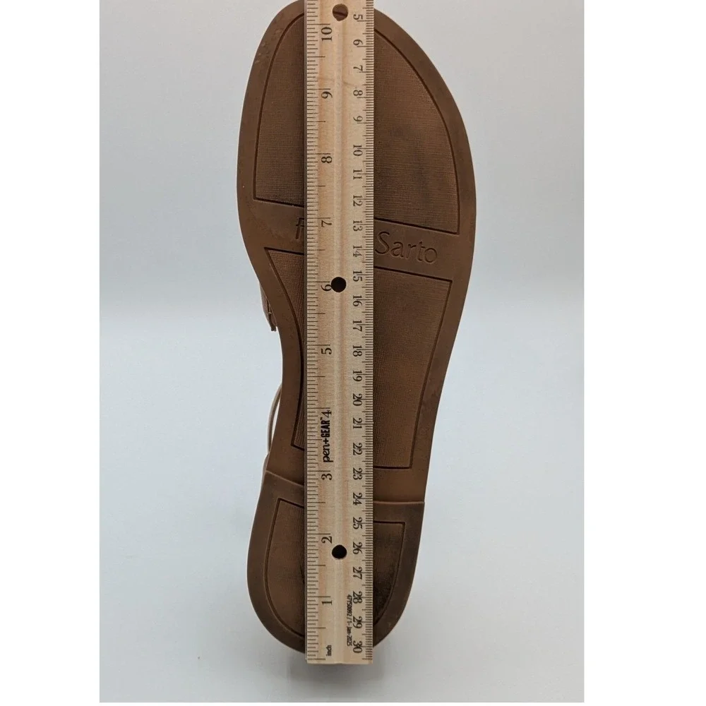 Franco Sarto Sandals 9 Tan Leather Ankle Strap Flat Minimalist Boho Summer - Picture 13 of 15